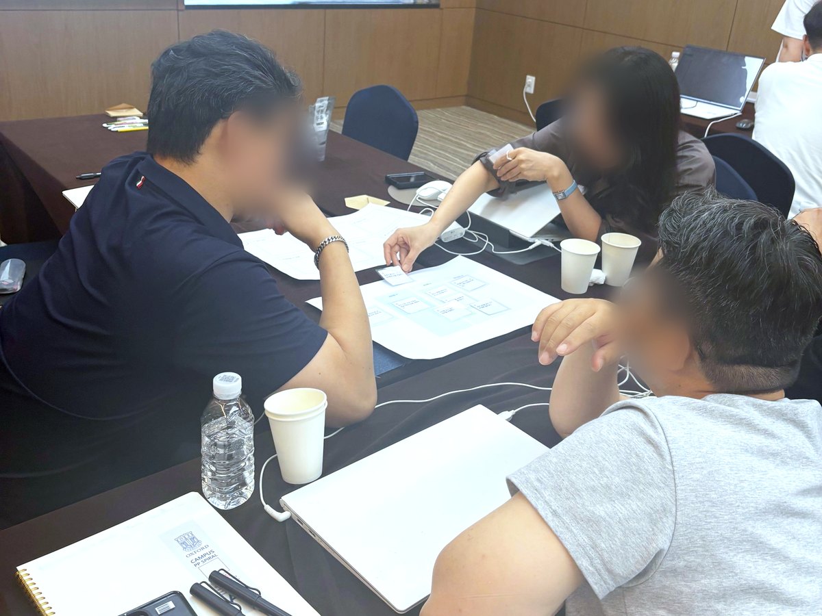 Professionals arranging cards on a shared sheet in a small-group AI workshop